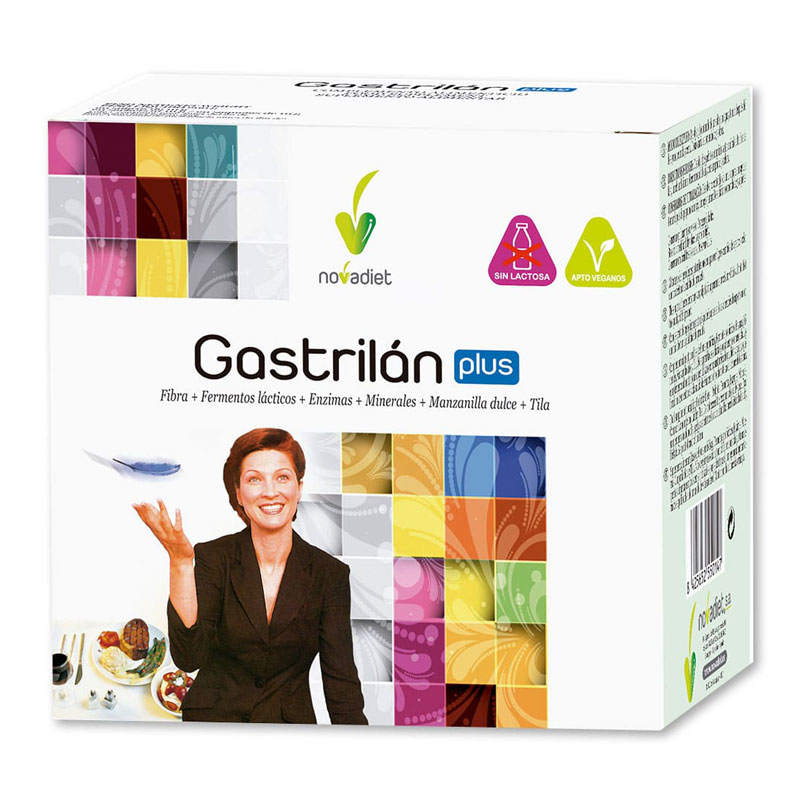 Gastrilan Plus de novadiet para el buen funcionamiento del aparato digestivo y el equilibrio de la flora intestinal con fibra fermentos lacticos enzimas minerales manzanilla dulce tila