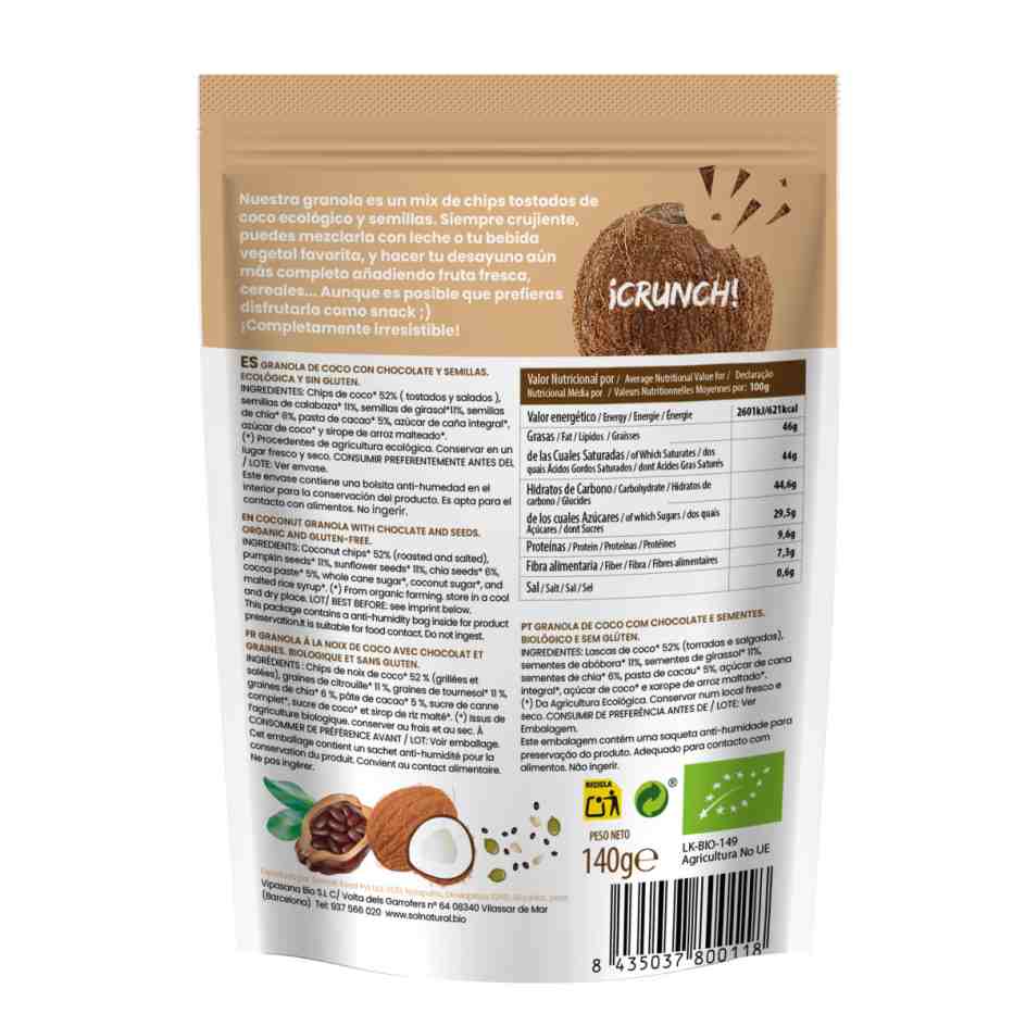 granola crunchy de coco con chocolate y semillas bio 140g sol natural granola crunchy de coco con chocolate y semillas bio 140g sol natural