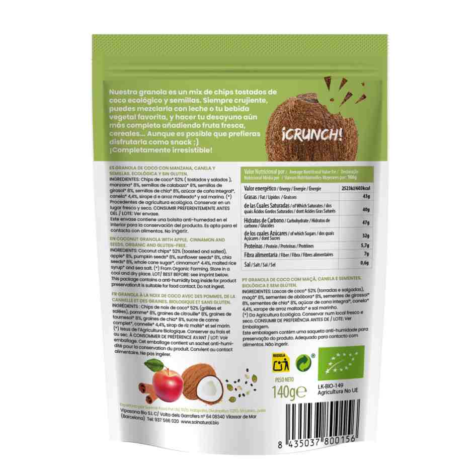 granola crunchy de coco con manzana canela y semillas bio 140g sol natural